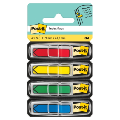 Distributeurs Post-It Index, lot de 4, avec 24 marqueurs index repositionnables - Forme rectangulaire - Couleurs assorties