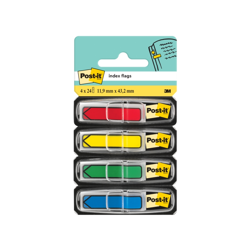 Distributeurs Post-It Index, lot de 4, avec 24 marqueurs index repositionnables - Forme rectangulaire - Couleurs assorties