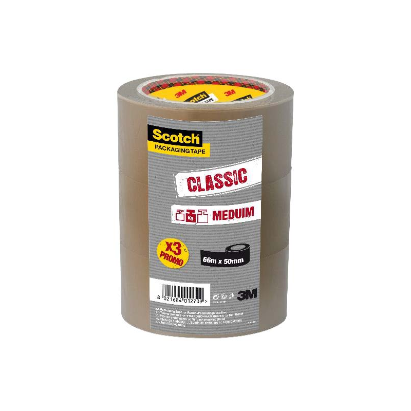 Lot de Scotch Classic avec 3 scellés d'emballage 50 mm x 66 m - Marron