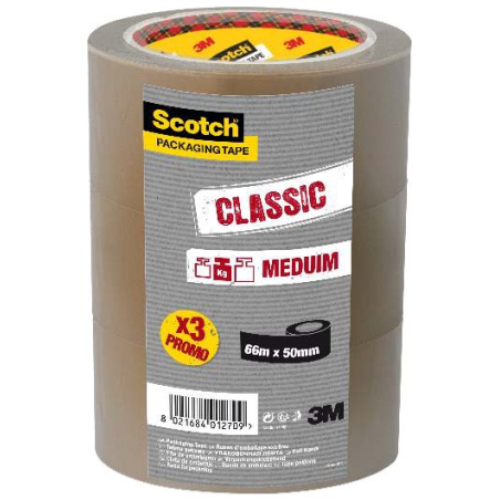 Lot de Scotch Classic avec 3 scellés d'emballage 50 mm x 66 m - Marron