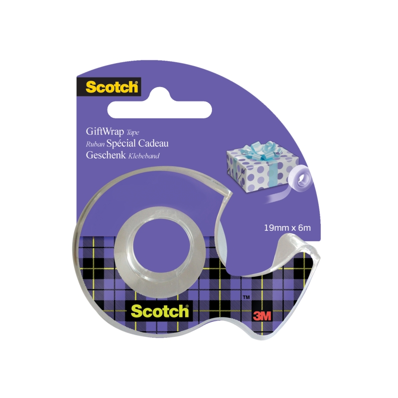 Ruban adhésif satiné Scotch Giftwrap - 19 mm x 6 m - Spécialement conçu pour l'emballage cadeau - Distributeur inclus - Transpar