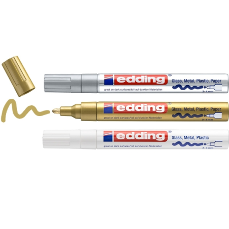 Lot de 3 marqueurs permanents Edding 750 - Pointe ronde - Taille de trait 2-4 mm - Encre opaque - Séchage rapide - Blanc, argent