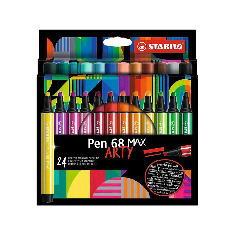 Stabilo Pen 68 MAX Arty Pack de 24 marqueurs - Pointe en fibre biseautée - Course entre 1 et 5 mm environ. - Encre à base d'eau