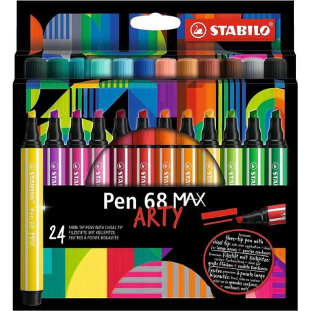 Stabilo Pen 68 MAX Arty Pack de 24 marqueurs - Pointe en fibre biseautée - Course entre 1 et 5 mm environ. - Encre à base d'eau