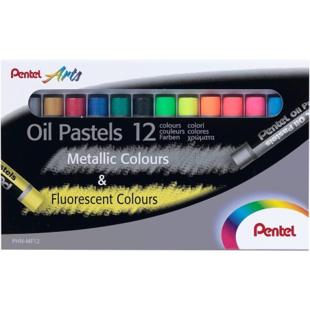 ✅ Pentel Pastels à l'huile Lot de 12 pastels à l'huile – 6 métalliques et 6 fluorescents – Doux, crémeux en stock