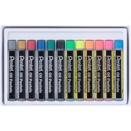 Pentel Pastels à l'huile Lot de 12 pastels à l'huile – 6 métalliques et 6 fluorescents – Doux, crémeux et séchage lent –