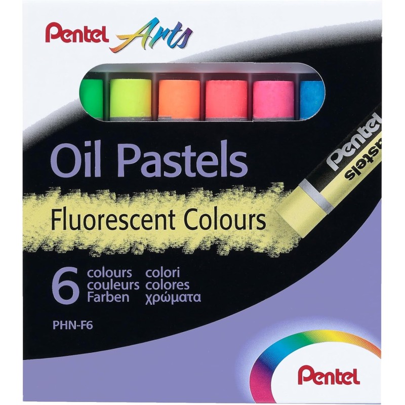Pentel Pastels à l'huile Lot de 6 pastels à l'huile fluorescents - Doux, crémeux et séchage lent - Couleurs fluorescentes