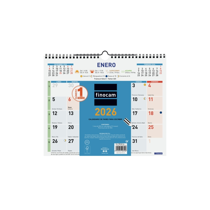 Calendrier mural Finocam - Annuel 2026 - Format M - 300 x 10 x 255 mm - Espace d'écriture - Couleurs bleu et blanc