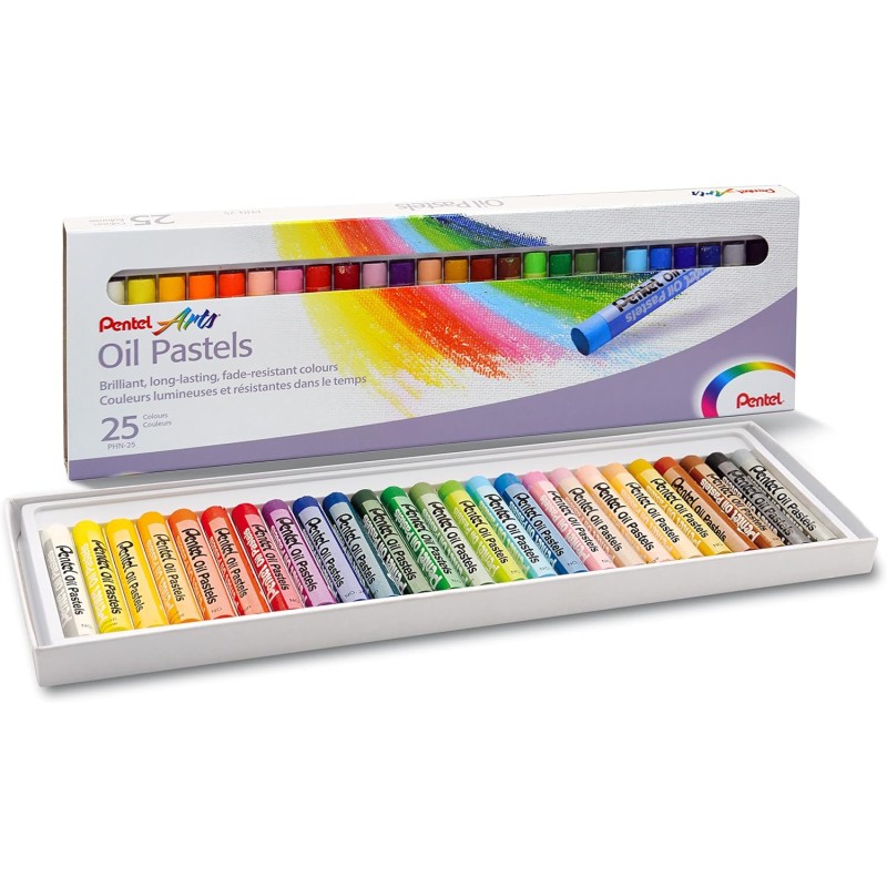 Pentel Pastels à l'huile Lot de 25 pastels à l'huile - Doux, crémeux et séchage lent - Couleurs assorties