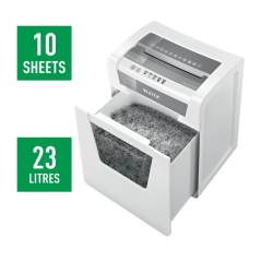 Destructeur de documents Leitz IQ Office P5 Micro Cut - Détruit jusqu'à 10 feuilles - Bac de 23 L - 2 heures d'autonomie - Blanc
