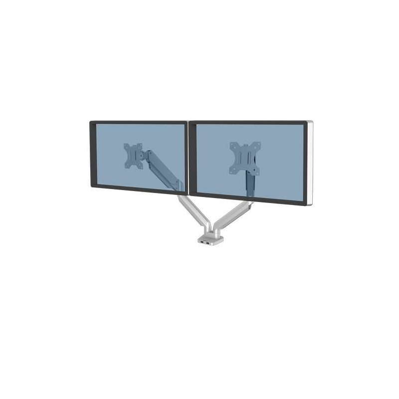 Fellowes Platinum Series Dual Monitor Arm - Jusqu'à 27" et 9kg - 2 Ports USB - Ressort à Gaz Réglable - Argent