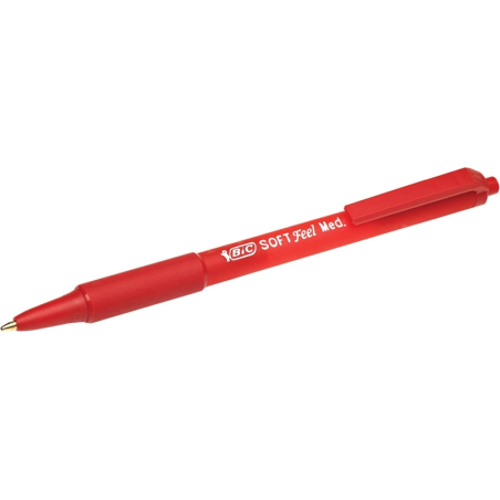 LOT de 12 Stylo à bille rétractable Bic Soft Feel - Pointe moyenne 1 mm - Corps translucide avec grip - Couleur rouge