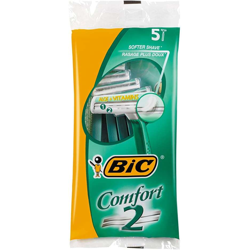 Bic Confort 2 Pack de 5 Rasoirs Jetables 2 Lames - Bande Lubrifiante à l'Aloe Vera