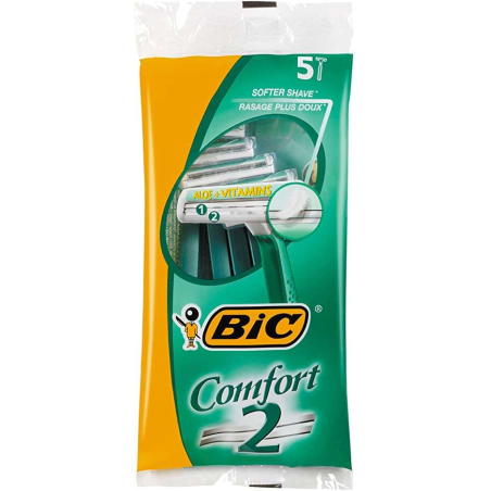 Bic Confort 2 Pack de 5 Rasoirs Jetables 2 Lames - Bande Lubrifiante à l'Aloe Vera