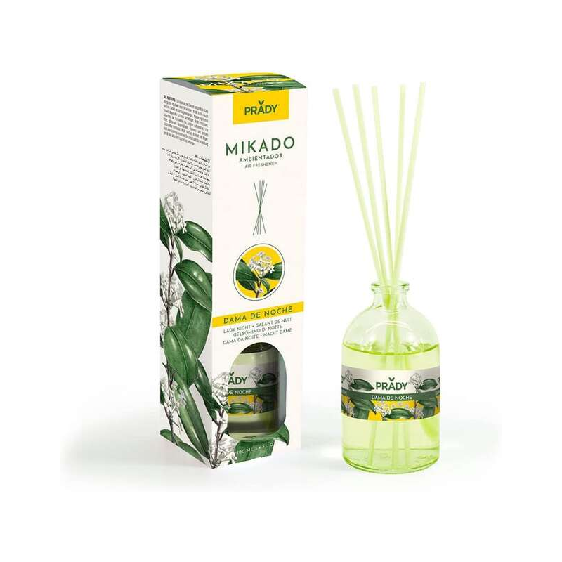 Prady Mikado Dama de Noche Désodorisant - Bouteille en verre de 100 ml et baguettes de diffusion