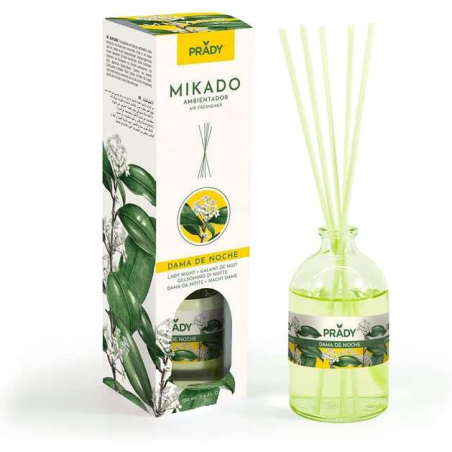 Prady Mikado Dama de Noche Désodorisant - Bouteille en verre de 100 ml et baguettes de diffusion
