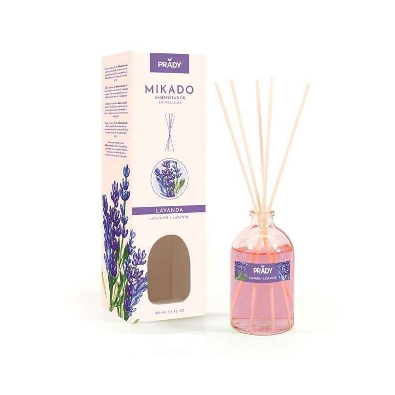 Désodorisant Prady Lavande Mikado - Bouteille en verre de 100 ml et baguettes de diffusion