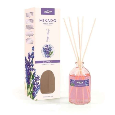 Désodorisant Prady Lavande Mikado - Bouteille en verre de 100 ml et baguettes de diffusion