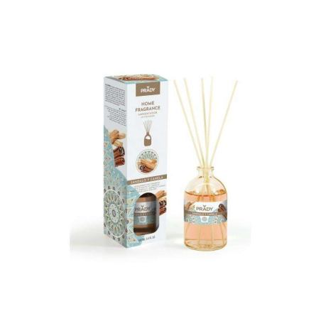 Prady Désodorisant Mikado au bois de santal et à la cannelle - Bouteille en verre de 100 ml et baguettes de diffusion