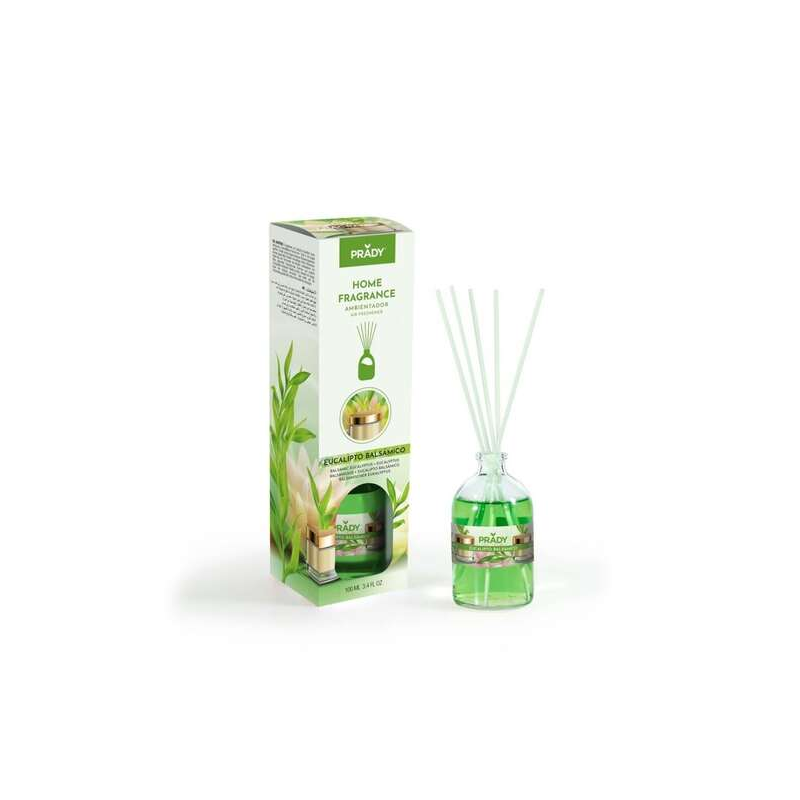 Prady Mikado Eucalyptus Balsamique Désodorisant - Bouteille en verre de 100 ml et baguettes de diffusion