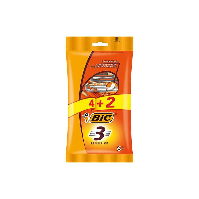 Bic Sensitive Lot de 3 Rasoirs Jetables 4+2 3 Lames - Bande Lubrifiante à l'Aloe Vera