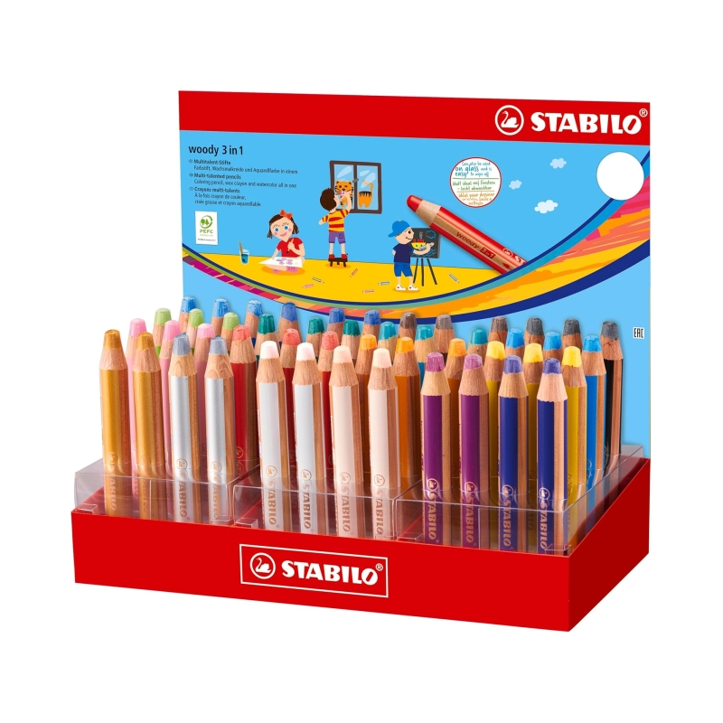 Présentoir Stabilo Woody 3 en 1 avec 48 crayons de couleur - Crayon de couleur, crayon de cire et aquarelle, tout en un - Mine X