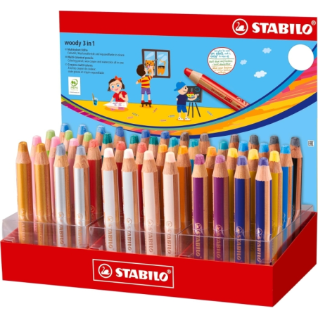 Présentoir Stabilo Woody 3 en 1 avec 48 crayons de couleur - Crayon de couleur, crayon de cire et aquarelle, tout en un - Mine X