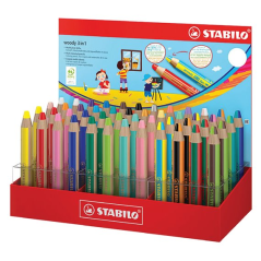 Présentoir Stabilo Woody 3-en-1 avec 48 crayons de couleur : 26 Woody 3-en-1, 8 Woody 3-en-1 Pastel et 14 Woody 3-en-1 Duo. Cray