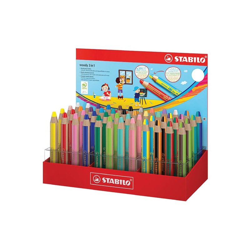 Présentoir Stabilo Woody 3-en-1 avec 48 crayons de couleur : 26 Woody 3-en-1, 8 Woody 3-en-1 Pastel et 14 Woody 3-en-1 Duo. Cray