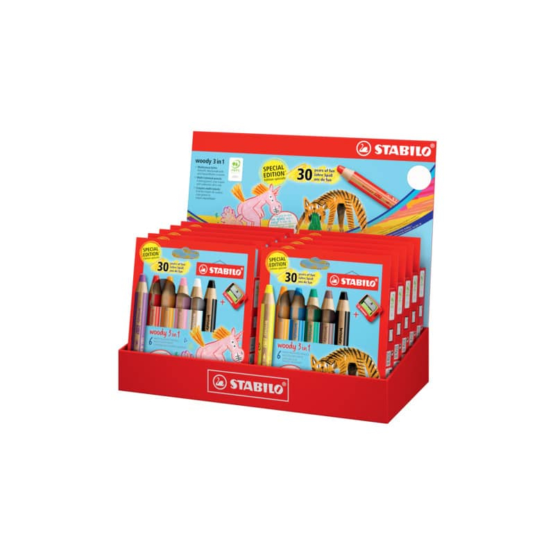 Coffret 3-en-1 Stabilo Woody 30e anniversaire Licorne et Tigre avec 10 paquets de 6 crayons de couleur + taille-crayon - Crayons