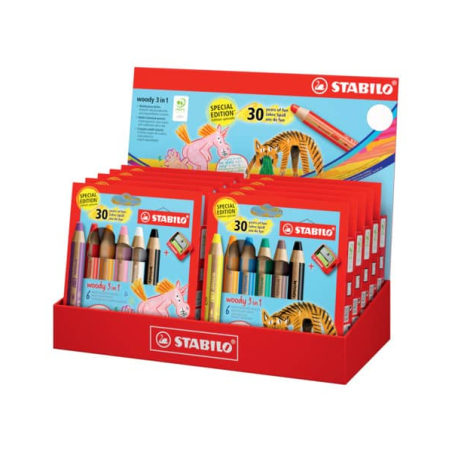Coffret 3-en-1 Stabilo Woody 30e anniversaire Licorne et Tigre avec 10 paquets de 6 crayons de couleur + taille-crayon - Crayons