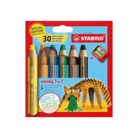 Coffret 3-en-1 Stabilo Woody 30e anniversaire Licorne et Tigre avec 10 paquets de 6 crayons de couleur + taille-crayon - Crayons