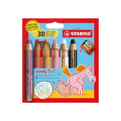Coffret 3-en-1 Stabilo Woody 30e anniversaire Licorne et Tigre avec 10 paquets de 6 crayons de couleur + taille-crayon - Crayons