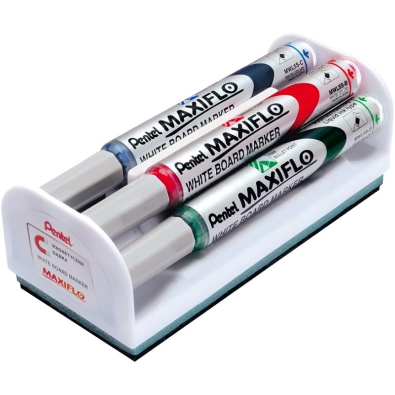 Pentel Maxiflo Marqueurs Tableau Blanc x4 + Gomme Magnétique Pentel Maxiflo Marqueurs Tableau Blanc x4 + Gomme Magnétique
