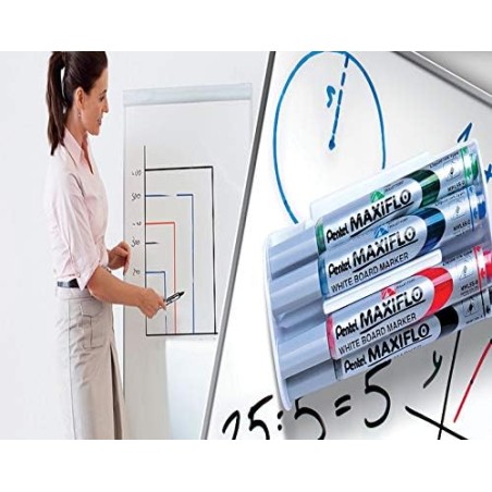 Pentel Maxiflo Marqueurs Tableau Blanc x4 + Gomme Magnétique
