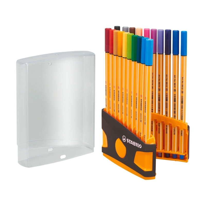 Stabilo Point 88, lot de 20 feutres à pointe fine (0,4 mm), encre à base d'eau, adaptés aux règles et gabarits, couleurs assorti