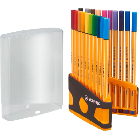 Stabilo Point 88, lot de 20 feutres à pointe fine (0,4 mm), encre à base d'eau, adaptés aux règles et gabarits, couleurs assorti