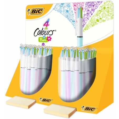 Présentoir Bic 4 Couleurs avec 40 stylos à bille rétractables - Pointe moyenne 1,0 mm - Encre à base d'huile - Couleurs : rose,