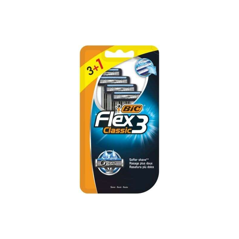 Bic Flex 3 Pack de 3+1 Rasoirs Jetables 3 Lames - Tête Pivotante - Bande Lubrifiante à l'Aloe Vera