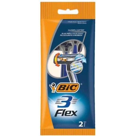 Bic Flex 3 Pack de 2 Rasoirs Jetables 3 Lames - Tête Pivotante - Bande Lubrifiante à l'Aloe Vera