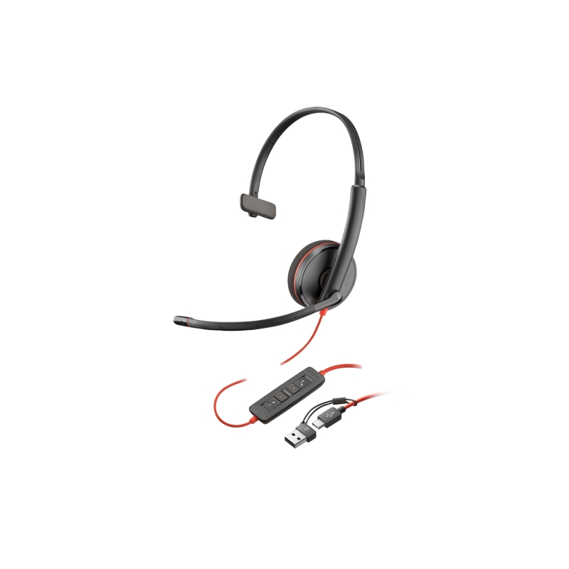 Casque monaural Plantronics/Poly Blackwire C3210 USB-C/USB-A avec microphone - Coussin d'oreille rembourré - Commandes intégrées
