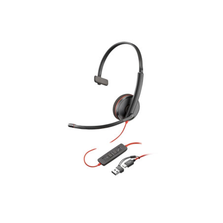 Casque monaural Plantronics/Poly Blackwire C3210 USB-C/USB-A avec microphone - Coussin d'oreille rembourré - Commandes intégrées