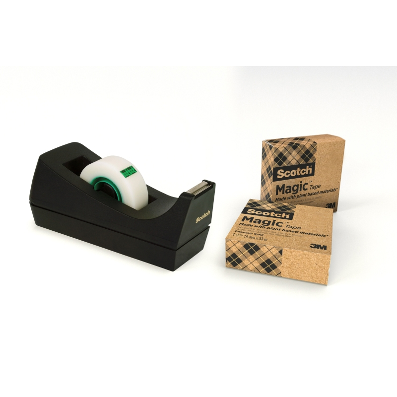 Dévidoir de ruban adhésif Scotch - Pour rubans jusqu'à 19 mm x 33 m - 66 % de colle végétale - Comprend 3 rubans - Noir