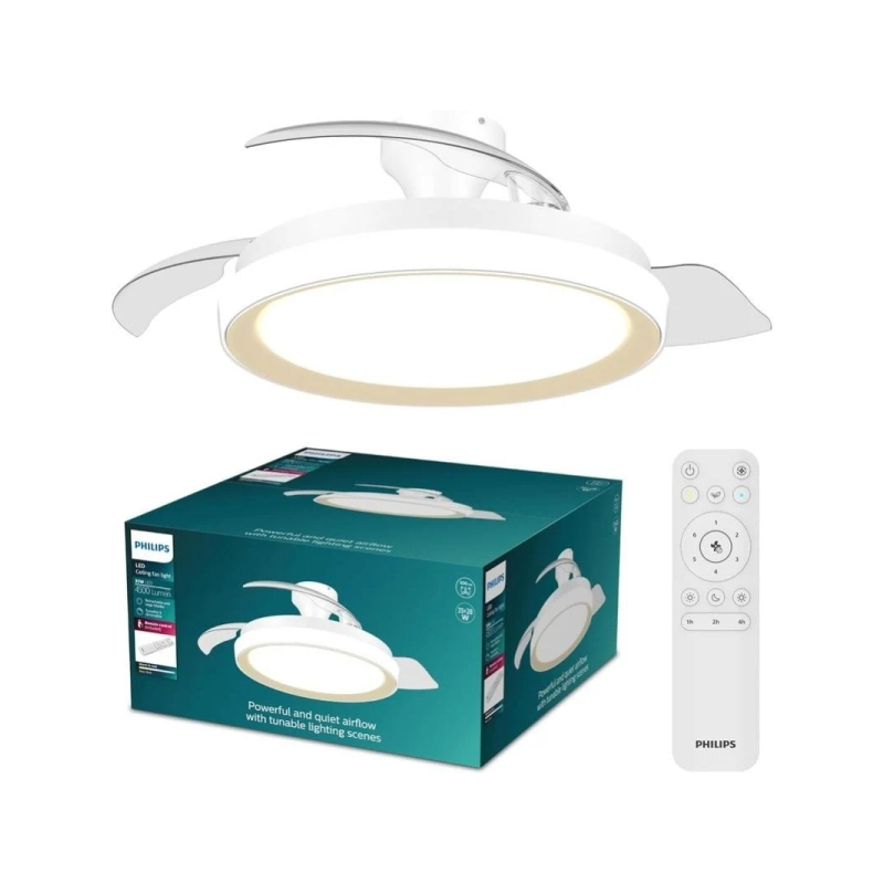Philips Bliss DC Fan Ceiling Ventilador de Techo con Luz LED Hasta 6500K - Aspas Retractiles - 35W Ventilador + 28W Luz - Mando