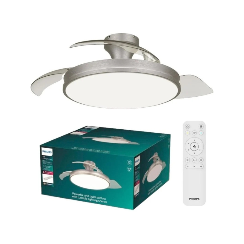 Philips Atlas DC Fan Ceiling Ventilador de Techo con Luz LED Hasta 6500K - Aspas Retractiles - 35W Ventilador + 28W Luz - Mando