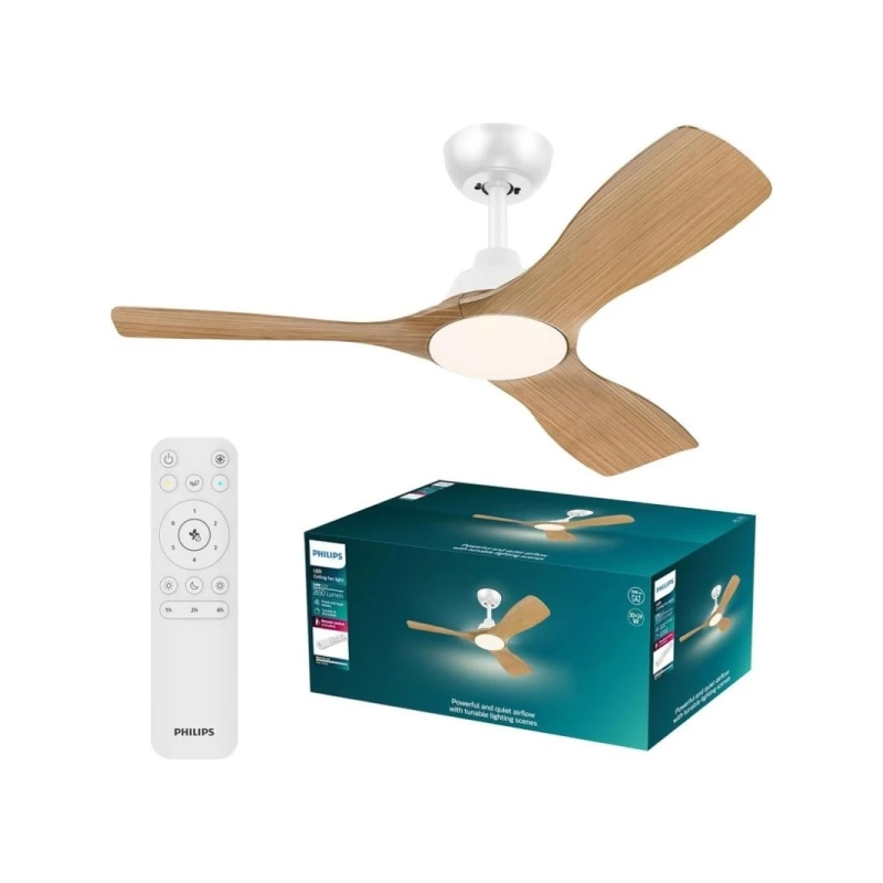 Philips Olas Fan Ceiling Ventilador de Techo con Luz LED Hasta 6500K - Aspas Fijas - 30W Ventilador + 24W Luz - Mando a Distanci