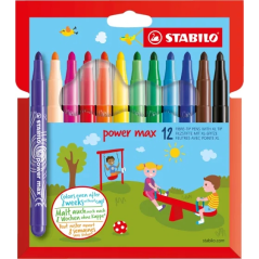 Lot de 12 marqueurs Stabilo Power Max à pointe large – trait 3 mm – encre lavable – ne sèche pas – couleurs assorties