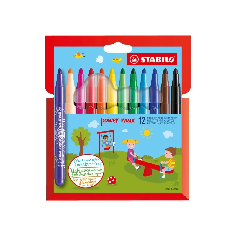 Lot de 12 marqueurs Stabilo Power Max à pointe large – trait 3 mm – encre lavable – ne sèche pas – couleurs assorties