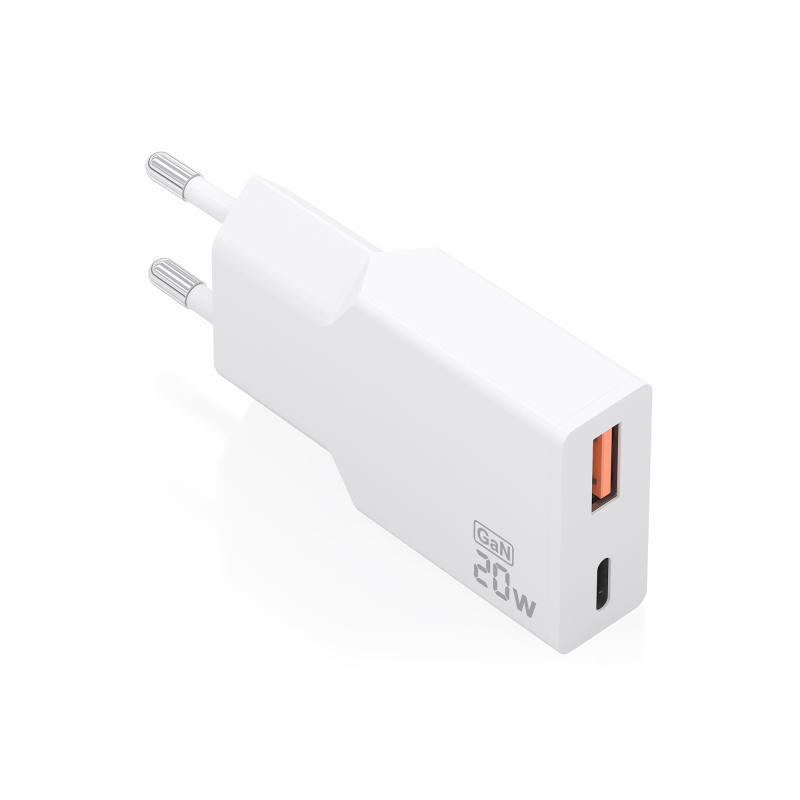 Chargeur mural Aisens - 20 W - GaN - 1 port USB-C - 1 port USB-A - Power Delivery 3.0 - Ultra-fin - Protections multiples - Blan