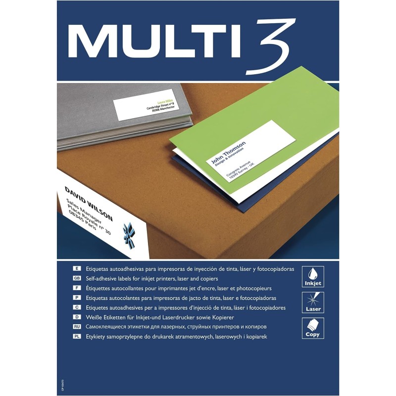 Multi3 Pack de 2700 Etiquettes Blanches Format 70x30mm - 100 Feuilles x 27 Etiquettes - Adaptées à l'Impression